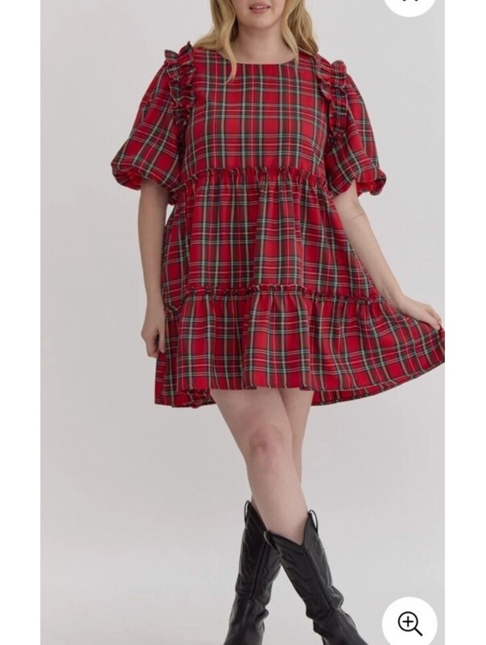 NWT Entro Judy Puff Sleeve Red Plaid Ruffle Tiered Mini Dress Size XL Retail $78